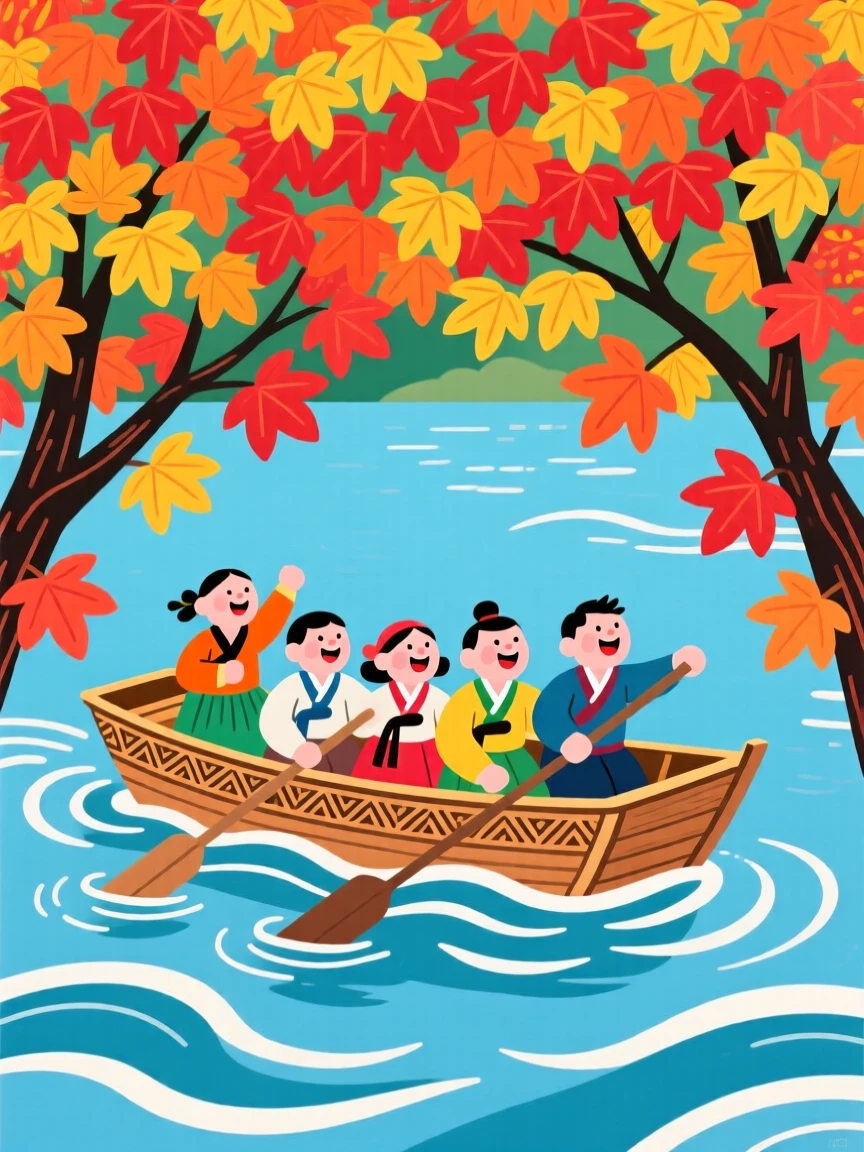 A group of friends rowing a small wooden boat across a lake, beneath a canopy of autumn leaves.