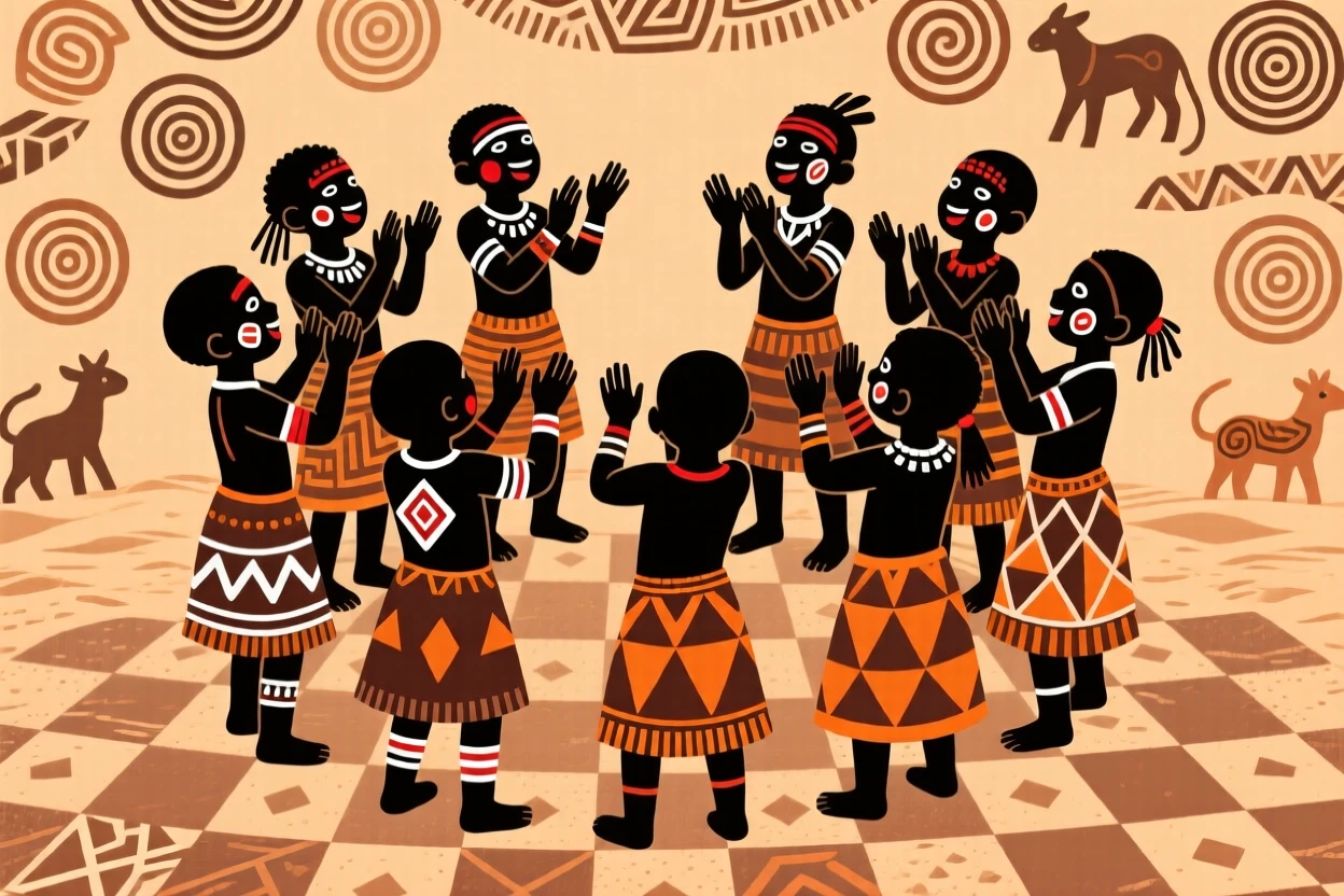 A group of children clapping and singing in a circle.