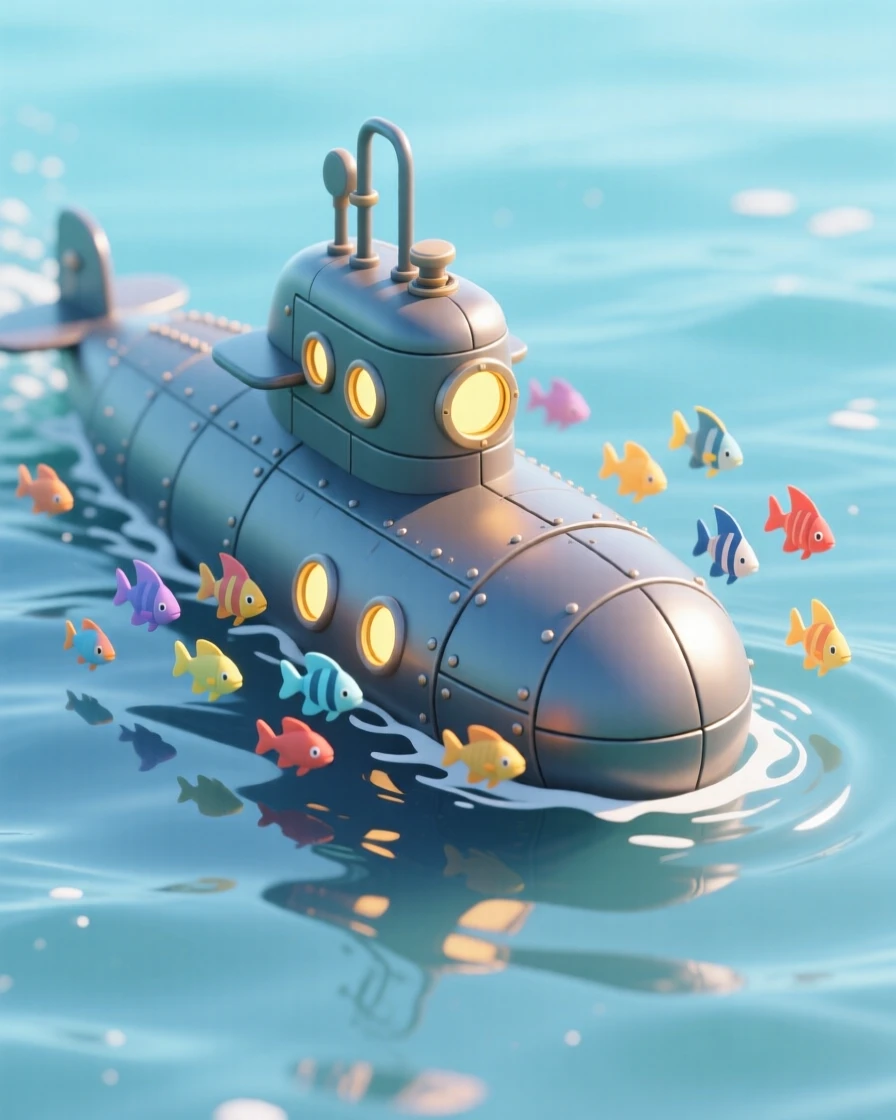 A submarine surfacing in calm ocean waters, portholes glowing warmly, and a school of fish darting past its hull.