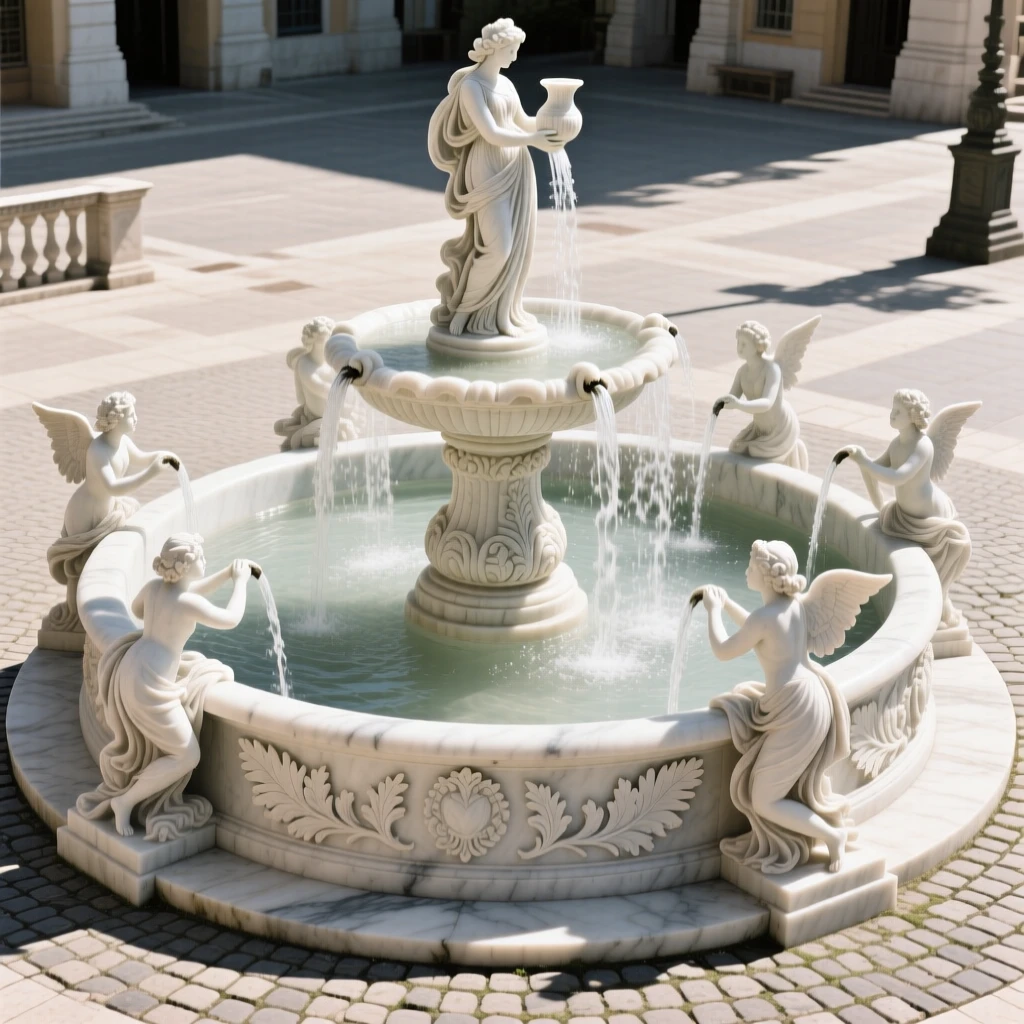 A striking, atmospheric depiction of an elegant fountain in a sunlit plaza, showcasing timeless elegance and grandeur