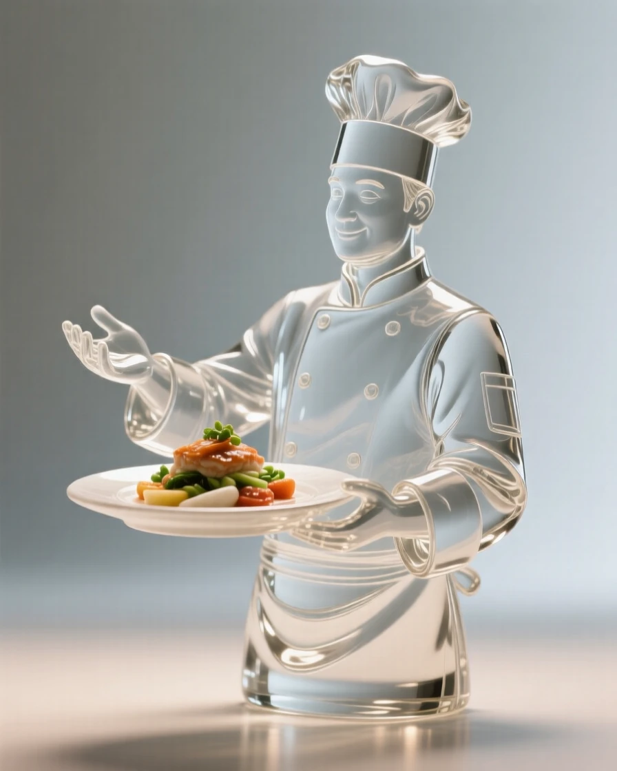 A chef proudly presenting a finished dish framed in a close, intimate composition, soft rim light outlining the silhouette, evoking warmth and connection.