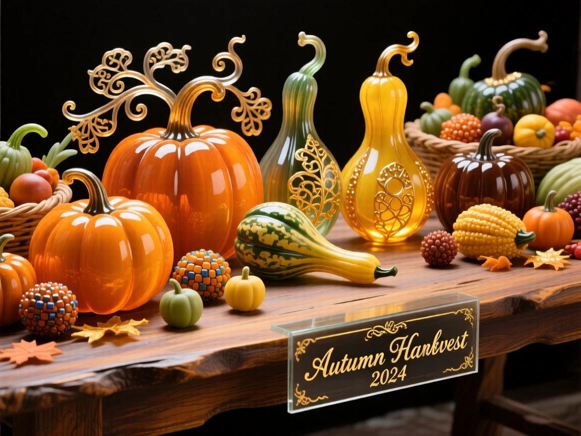 A rustic harvest table laden with pumpkins, gourds, and autumn produce, abundant and warm.