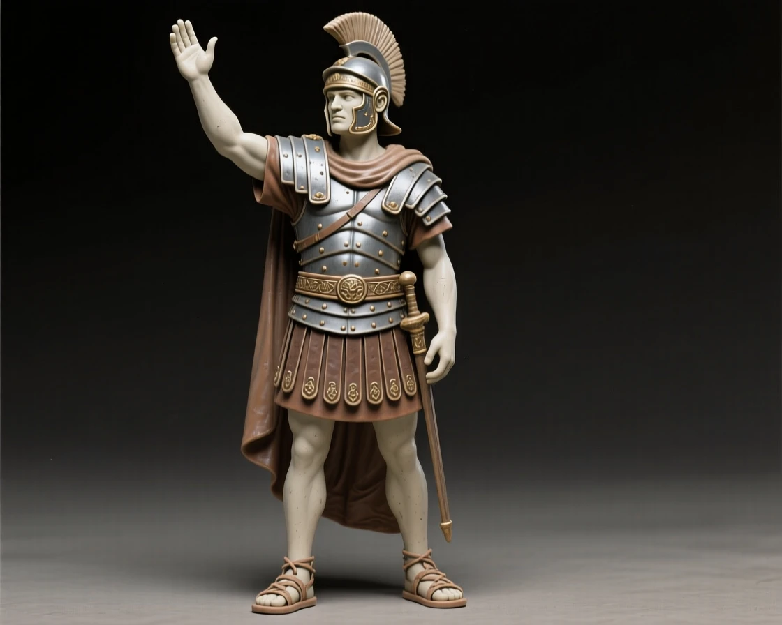 A Roman centurion standing at attention raising an arm in triumphant gesture, lit by flickering torchlight, radiating dignity, honor, and cultural pride.