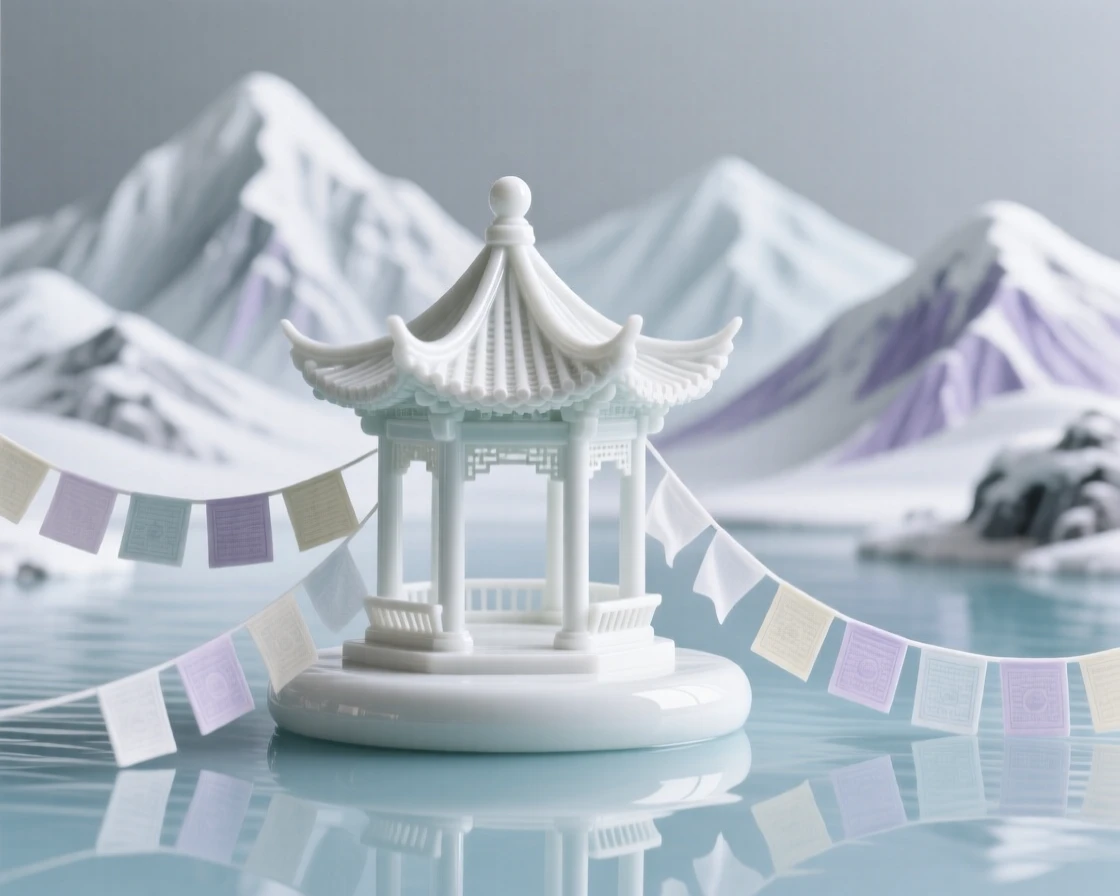 A serene lakeside pagoda nestled in snow-capped mountains, prayer flags fluttering gently in the breeze.