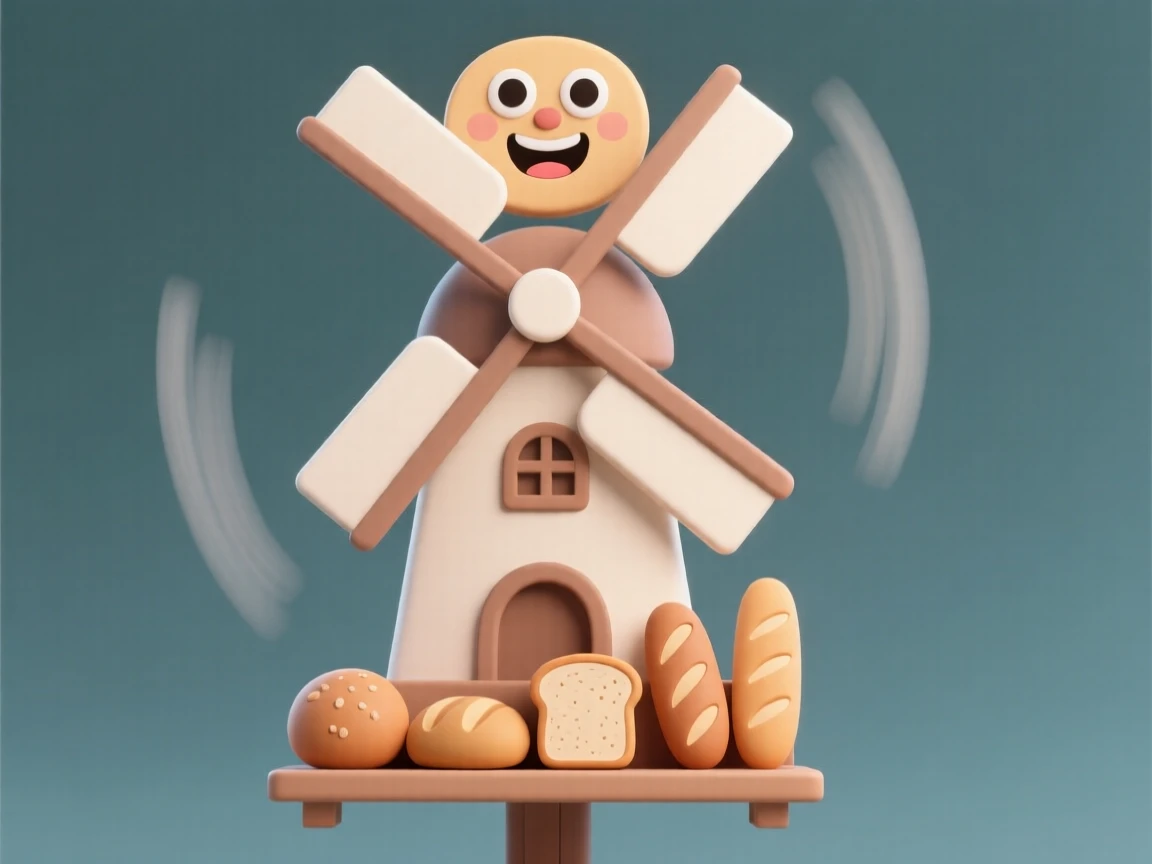 A charming windmill-shaped bakery sign spins slowly, its painted face grinning above a display of fresh bread.