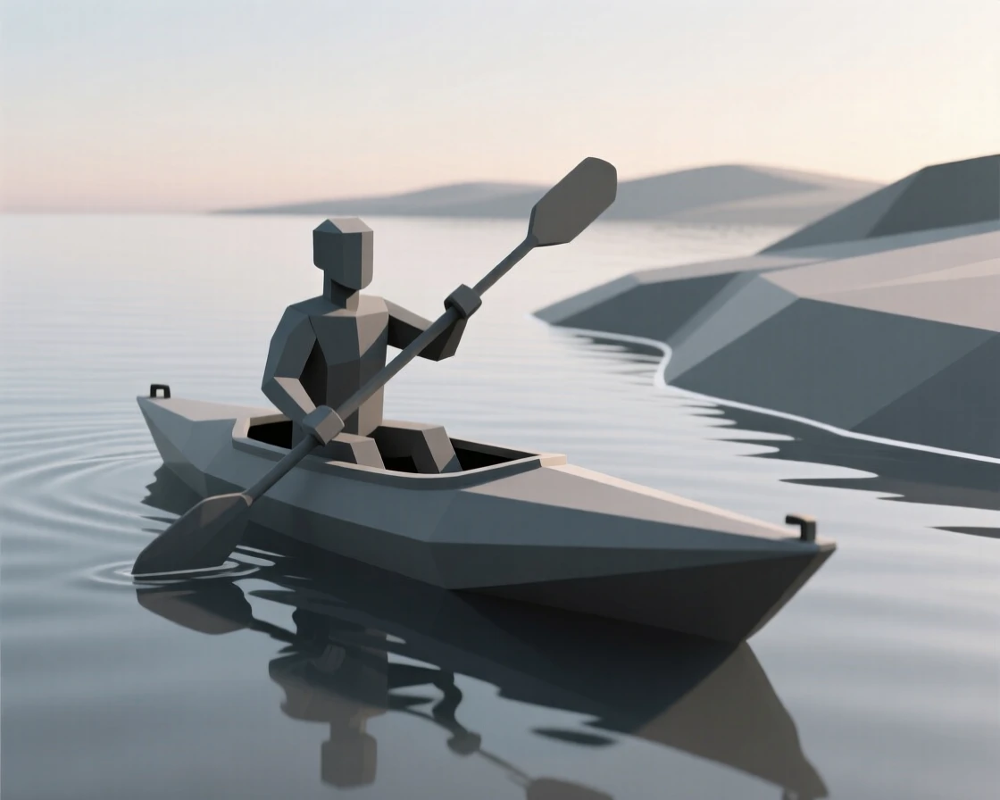 A kayaker paddling through calm turquoise water, beside a tranquil lake at dawn. the composition balances subject and open space. The moment radiates confidence and joy.