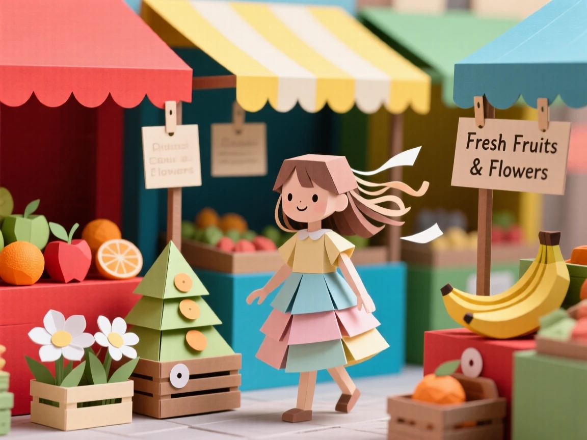 A young girl exploring a colorful open-air market, with a light breeze catching loose hair and fabric, evoking love across generations.