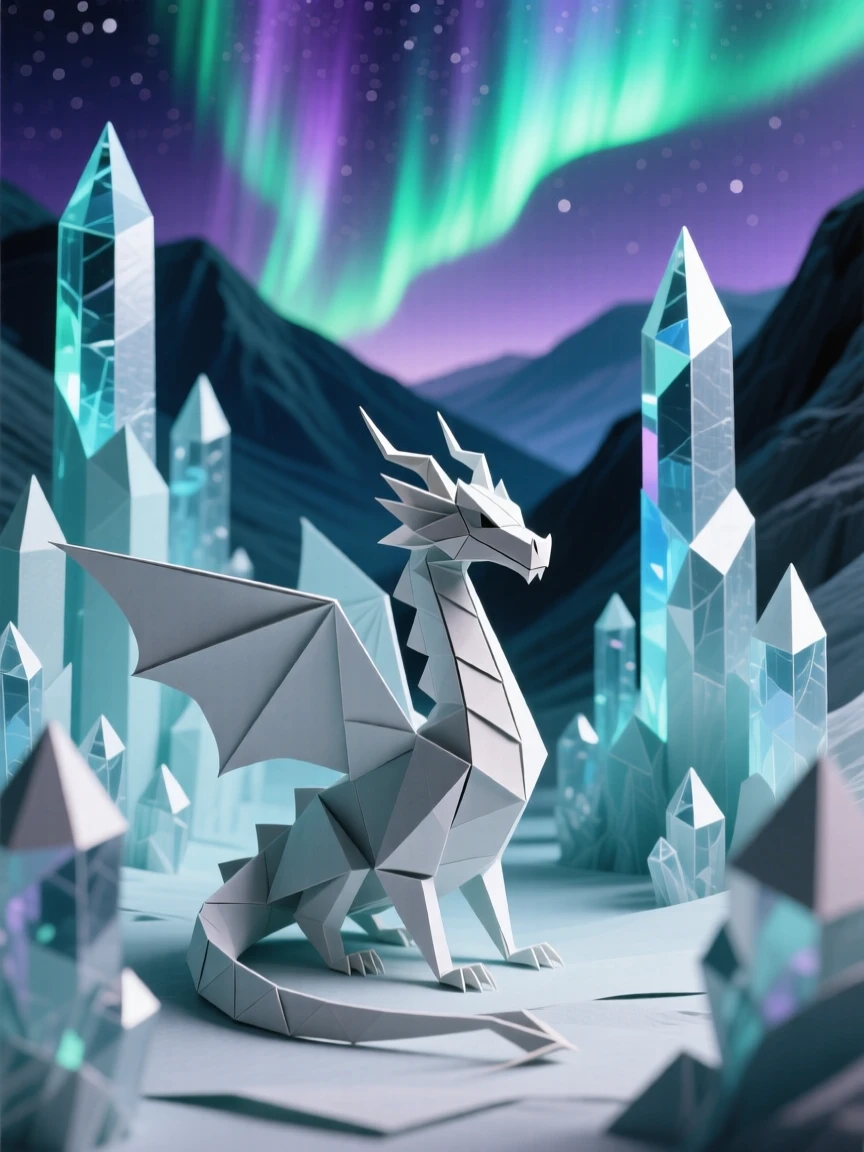 A dragon's sanctuary hidden within a valley of crystal spires under an aurora sky.