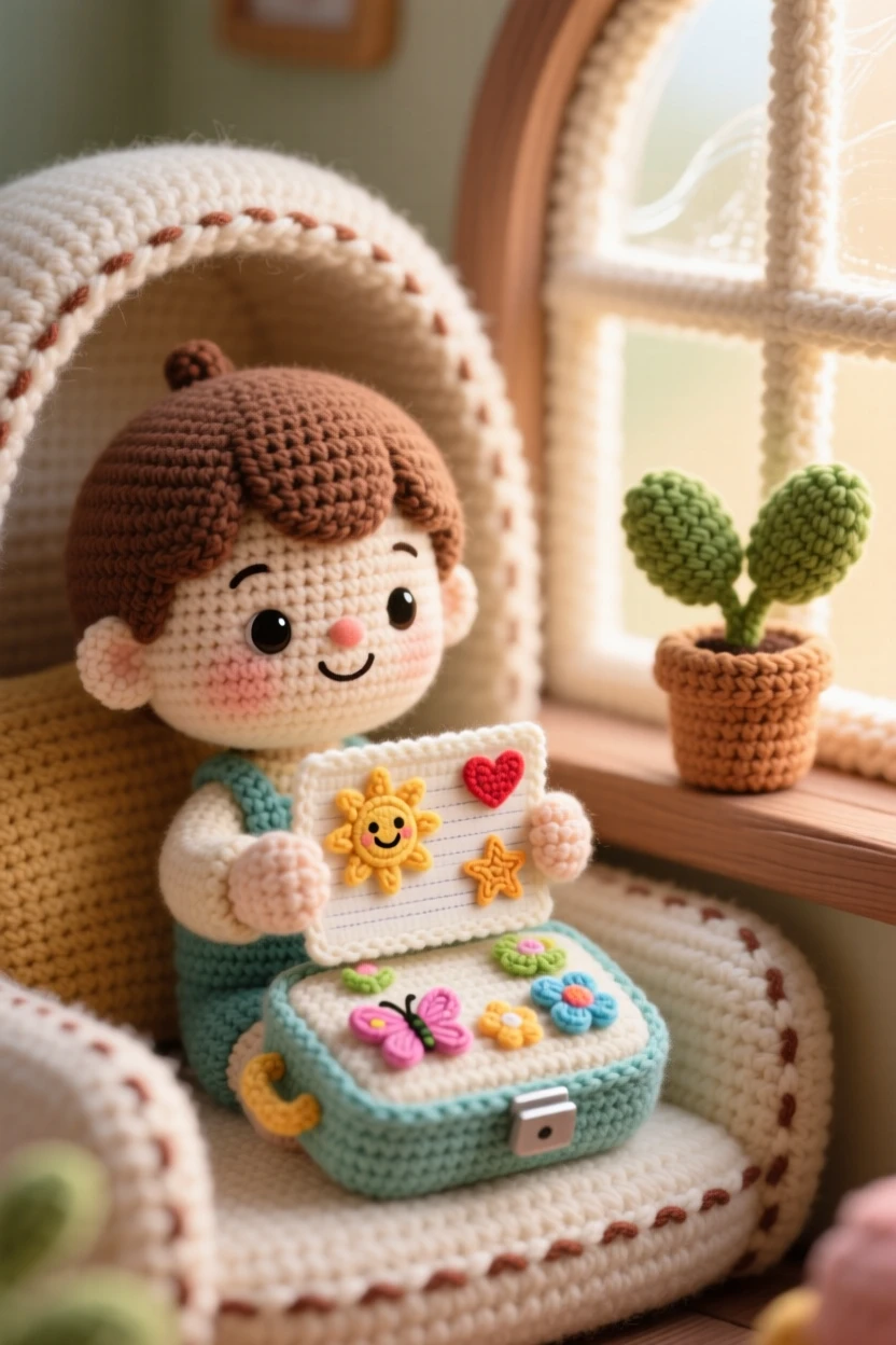 a small child decorating a lunchbox note, with small drawings and stickers, folding the note carefully in half, in a cozy reading nook tucked beside a window, with a small potted plant on the windowsill nearby, radiating tender, unspoken affection.