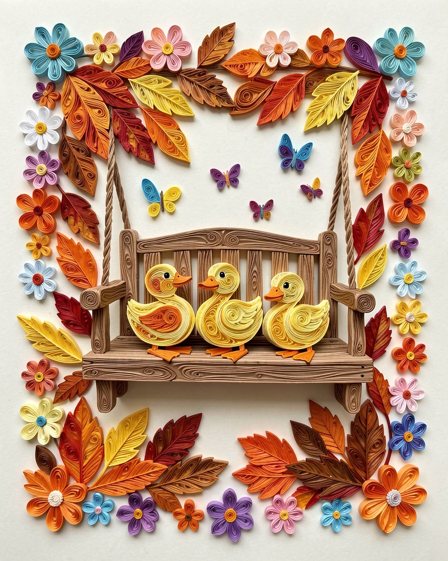 a duckling family paddling in a neat row on a porch swing surrounded by autumn leaves, with a scattering of tiny butterflies nearby, surrounded by a loose border of small flowers.