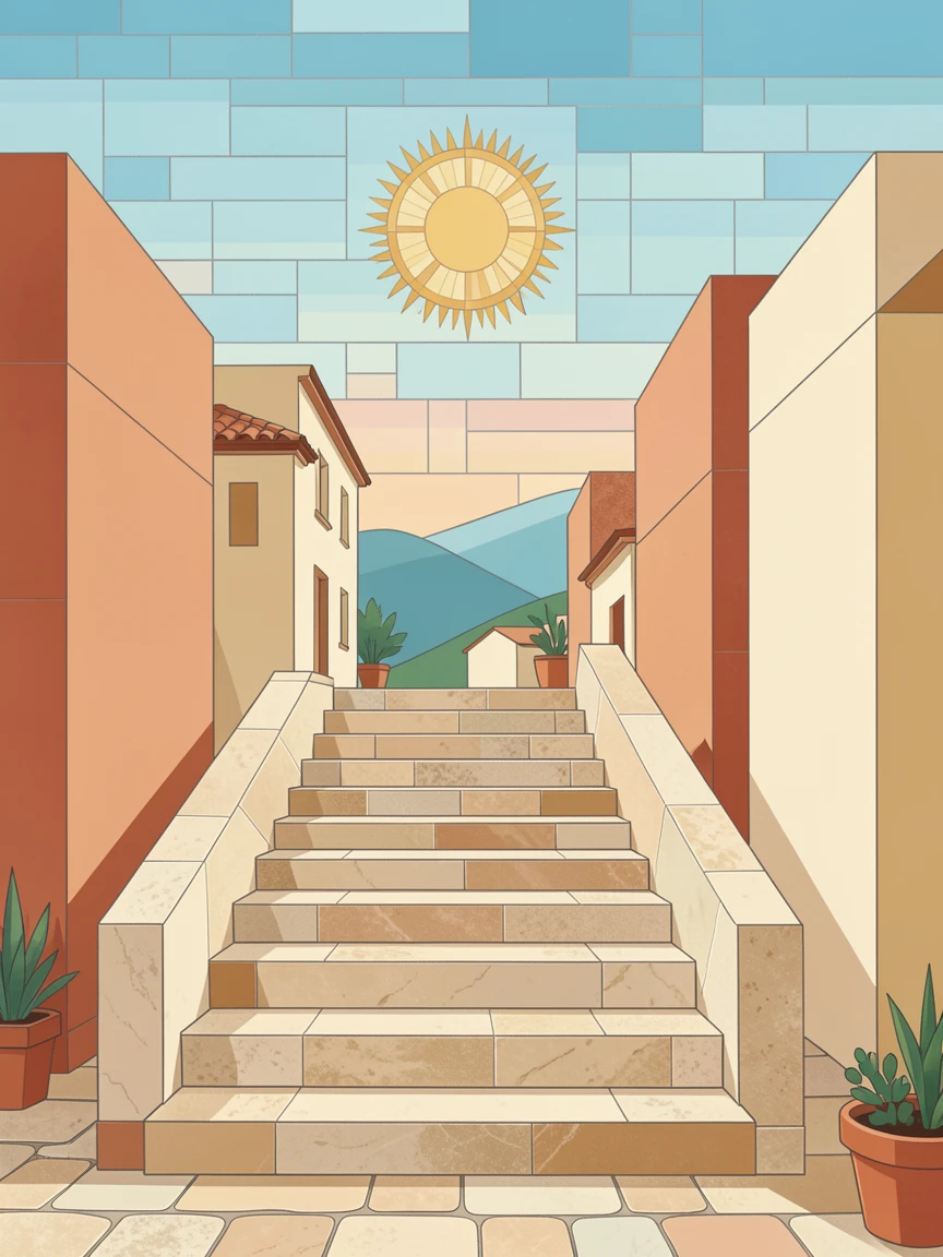 The ancient library steps of a Mediterranean hillside town.