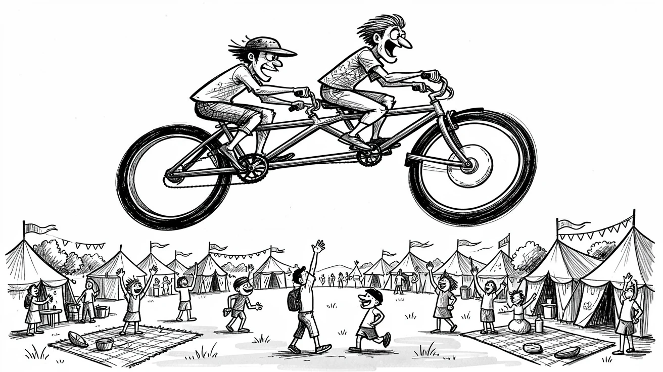 A tandem bicycle built for two floating above a countryside festival.