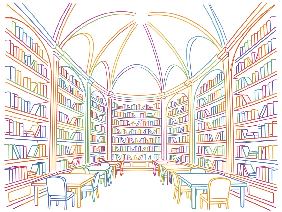 A grand library reading room with towering shelves and a domed ceiling.