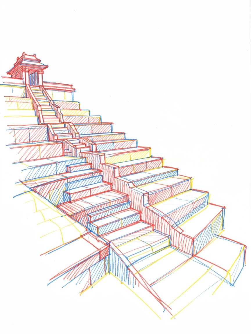 An ancient stone staircase winding up a terraced hillside temple