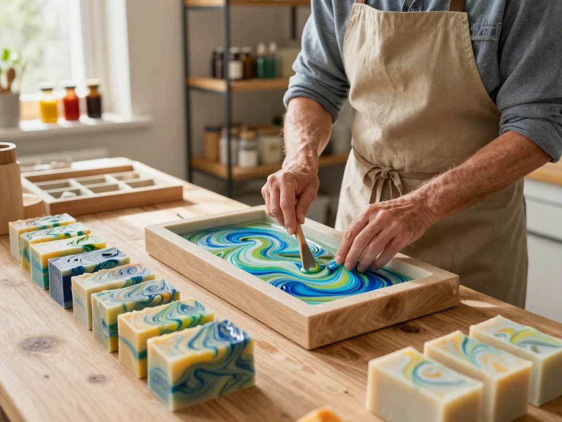 A soap artisan swirling colors into handmade bars