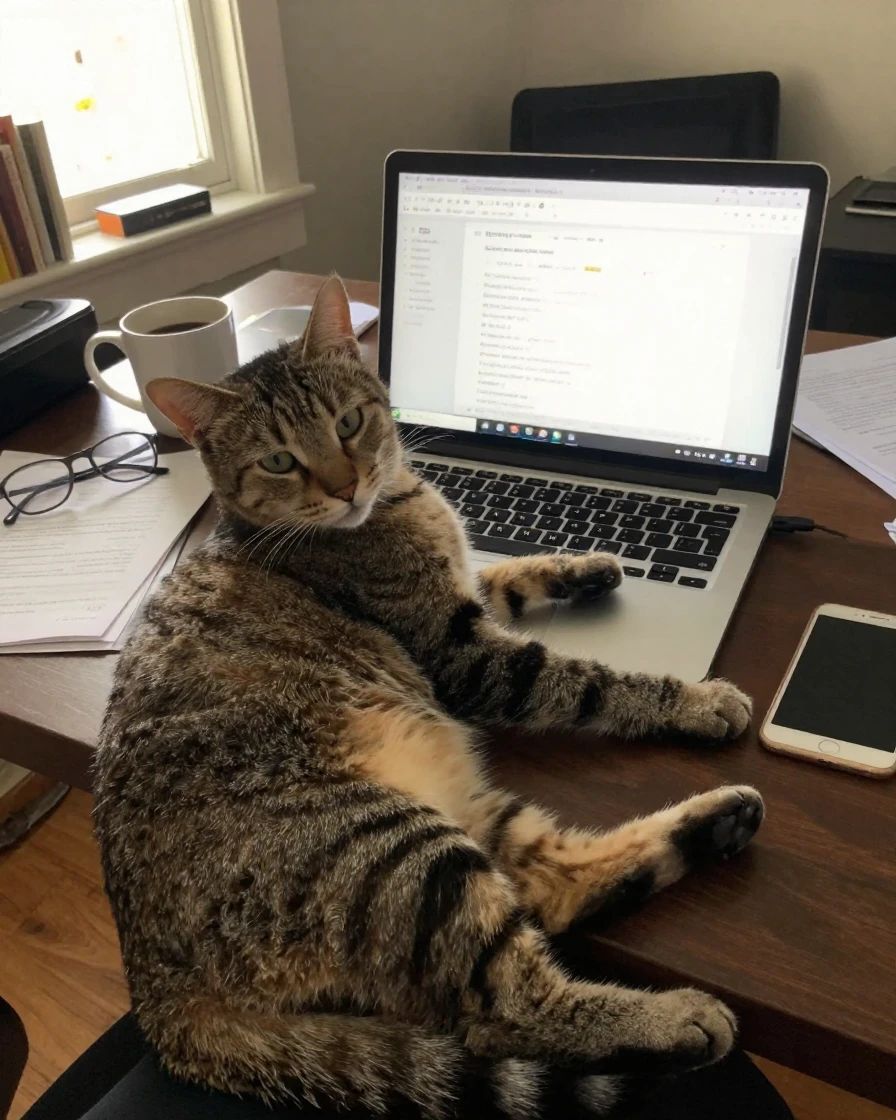 A cat drapes itself over a laptop keyboard mid-workday.