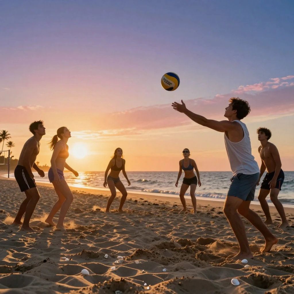 A group of friends playing beach volleyball as the sun sets behind them