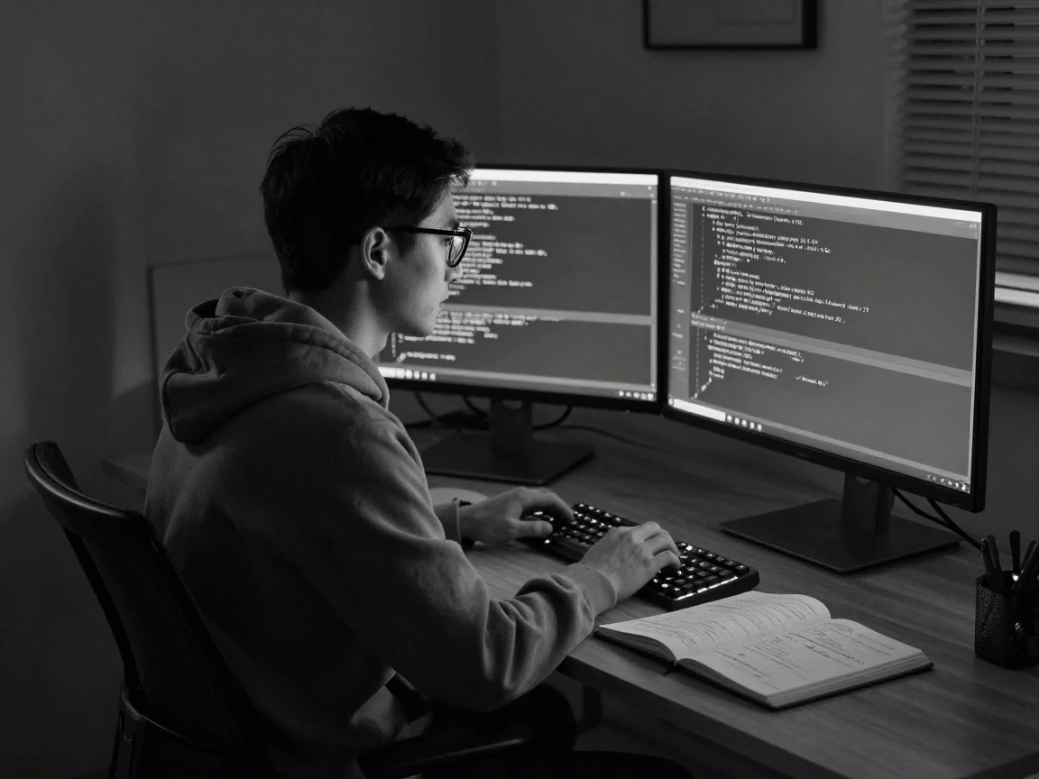 A programmer debugs code late into the night beside a glowing array of monitors.