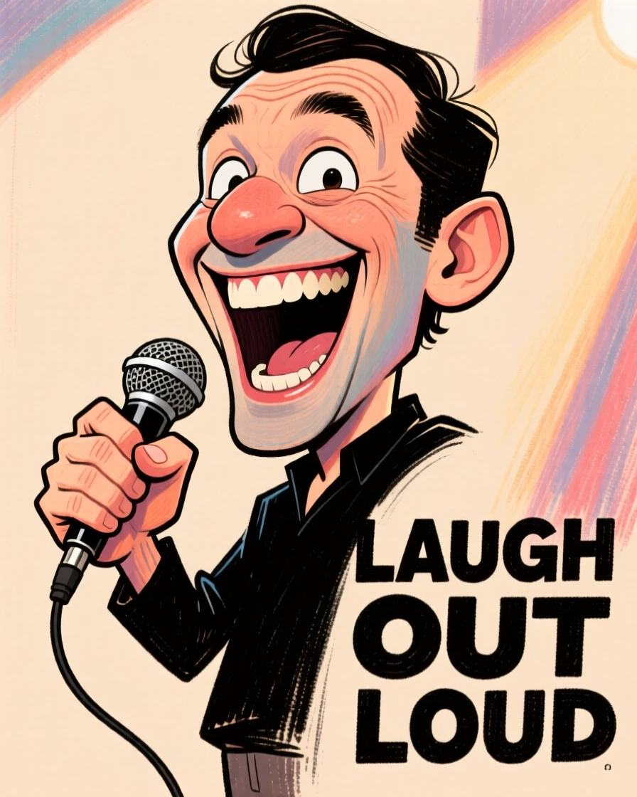 A stand-up comedian gripping a microphone, mid-punchline with an exaggerated grin.