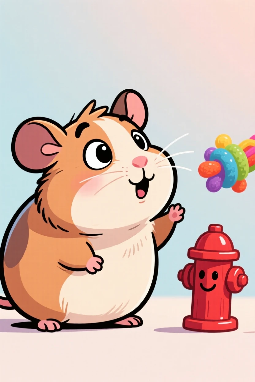 A playful pet moment featuring a chubby guinea pig tilting its head at a squeaky toy, with ears flopping comically in the wind.