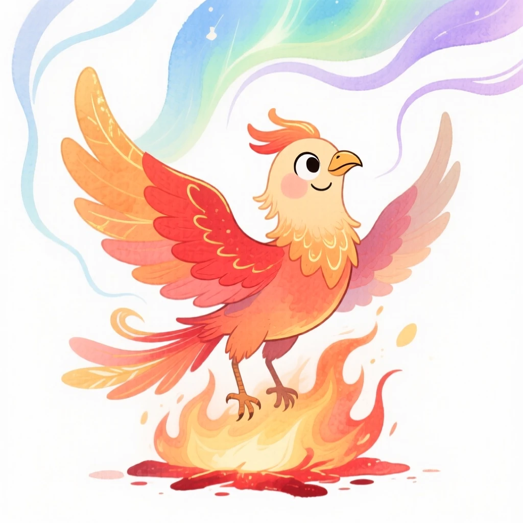 A phoenix rising from embers dancing with ribbons of northern lights overhead