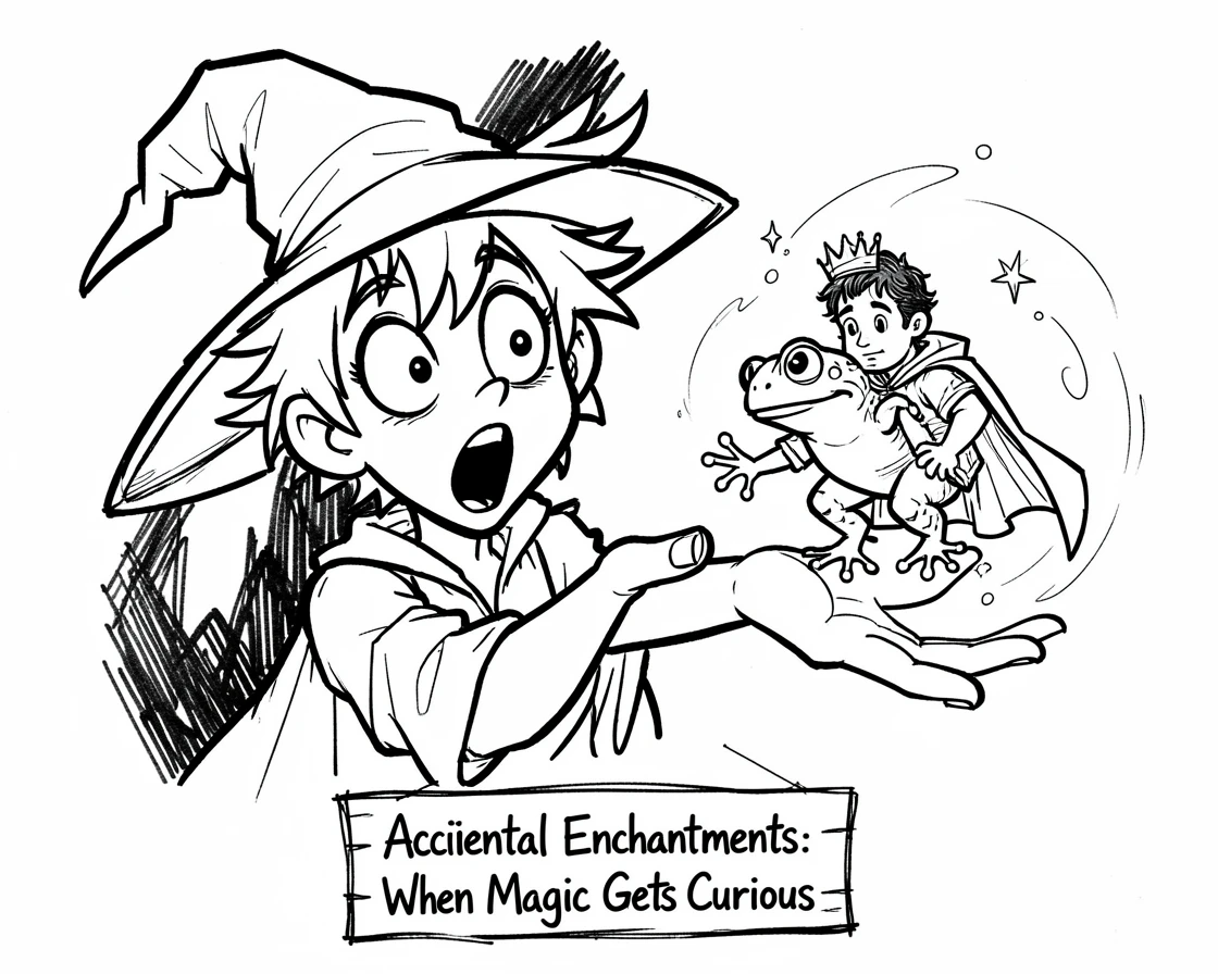 [Fantasy & Imaginative Scenarios] Imaginative fantasy scene of a wizard's apprentice accidentally turning a frog into a prince, brimming with wonder
