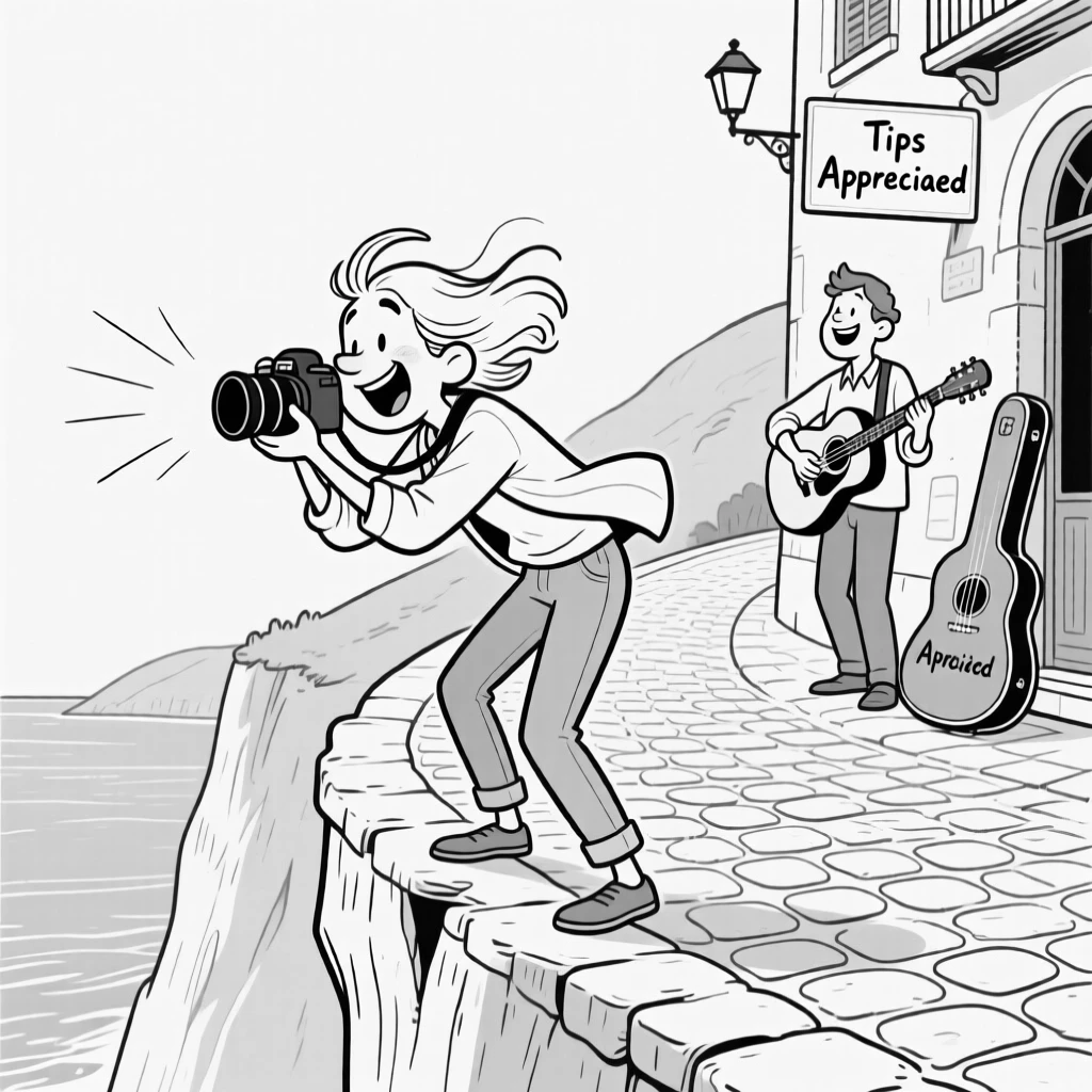 A photographer nearly toppling over a cliff for the perfect shot, watching the world go by with a contented sigh, set on a windy cobblestone street. A street musician plays gently in the background. It radiates wanderlust and the fun of getting a little lost.