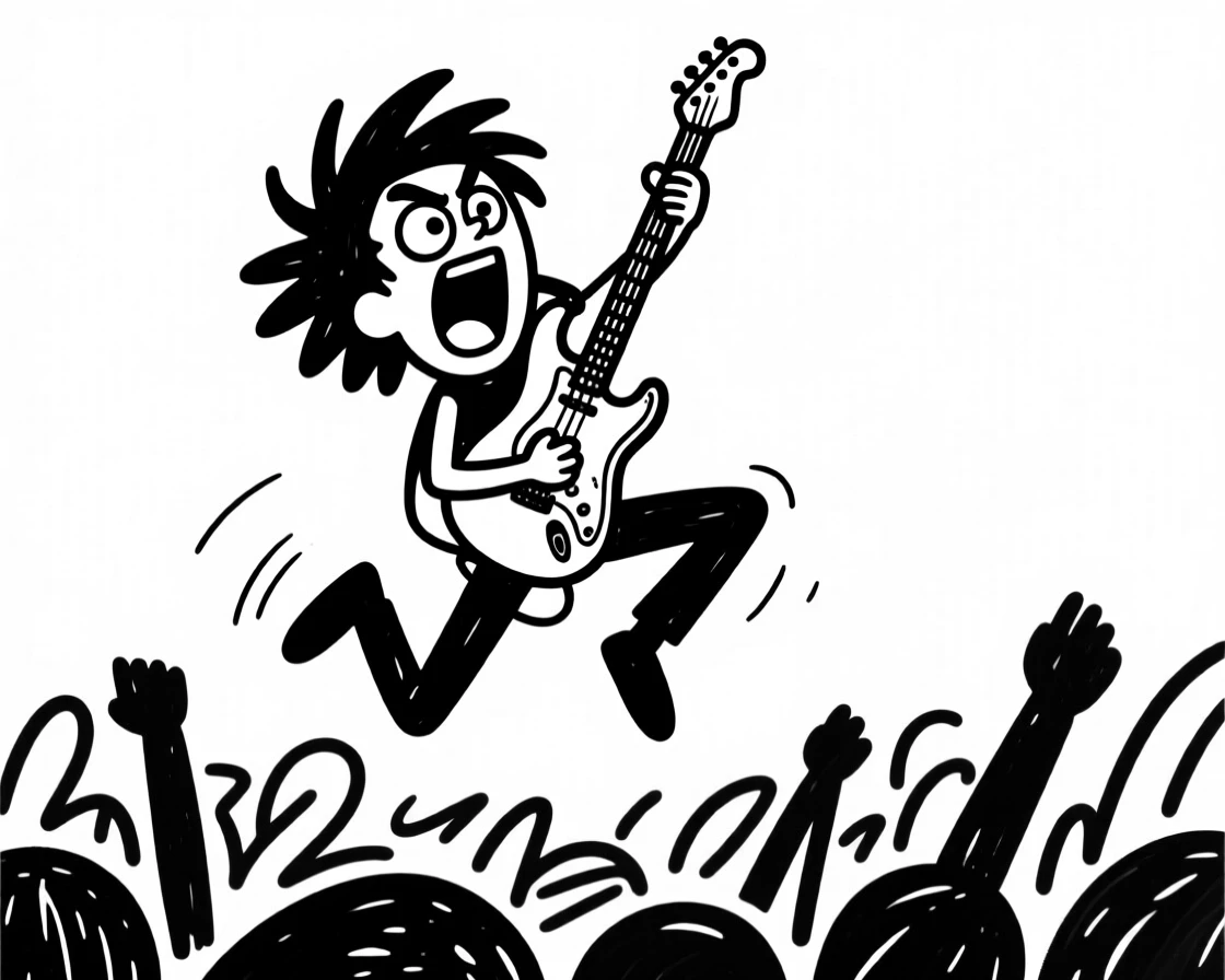 A rockstar mid-jump on stage, guitar raised high, crowd roaring below.