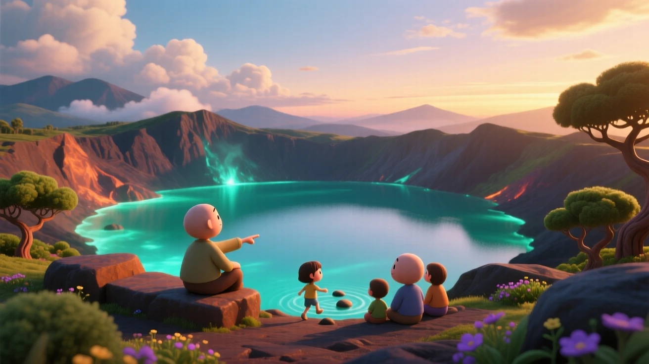 A volcanic crater lake glows under a sky full of drifting clouds, with soft shadows stretching long across the ground. The mood is serene, vast, and quietly majestic.
