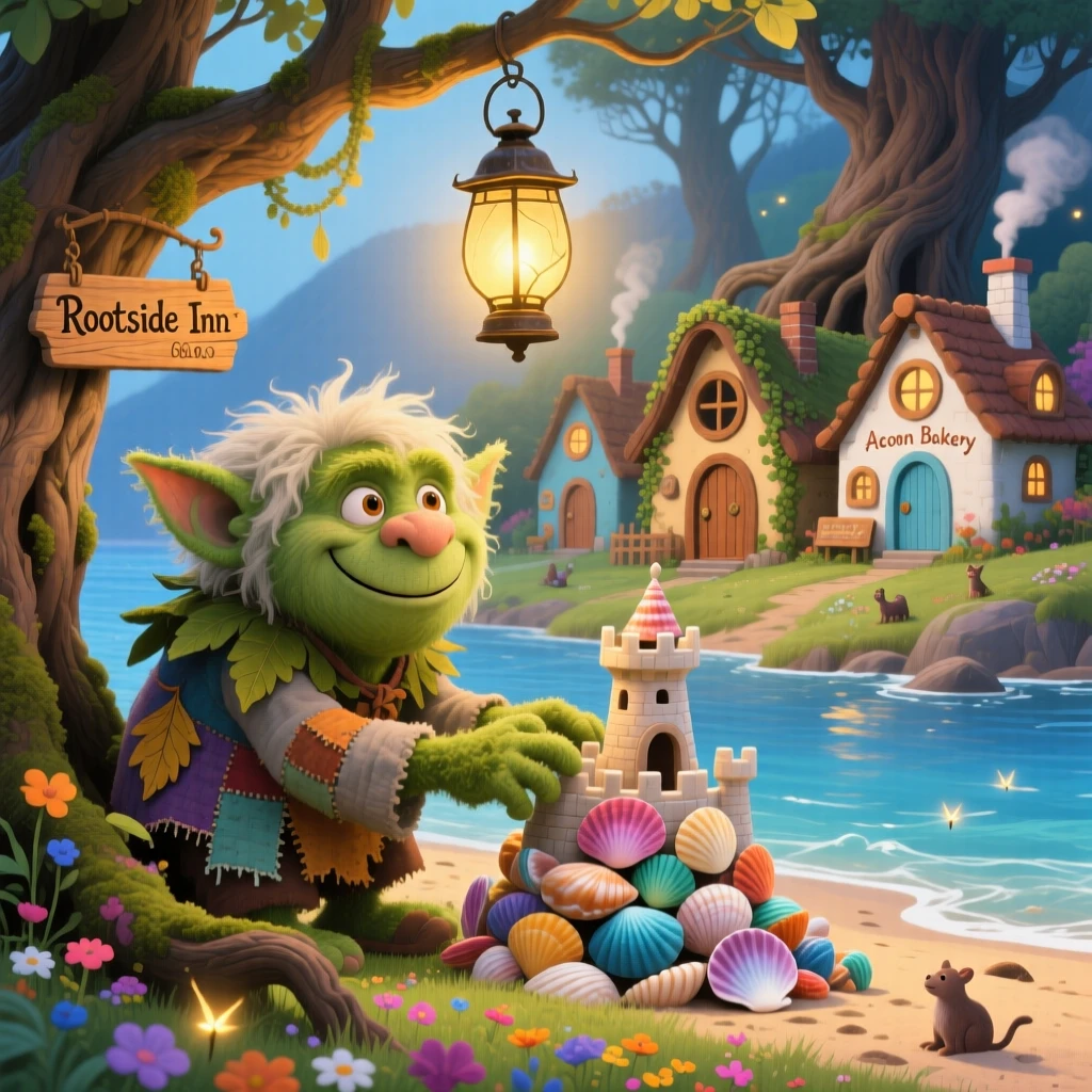 A friendly troll pauses from building a castle out of seashells to marvel at a village of tiny cottages built into tree roots, while soft golden light spills from an old lantern.