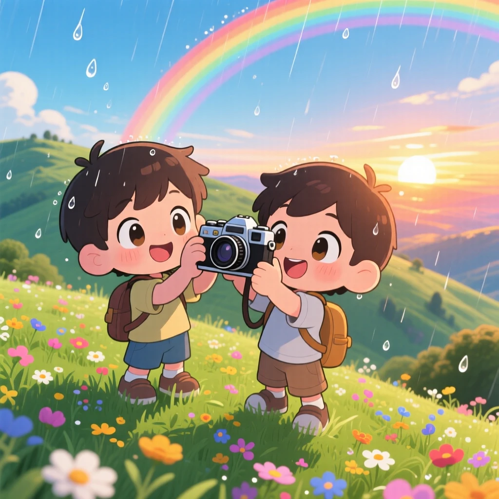 In a scenic hilltop, a young photographer is capturing a sunset with an old camera under a rainbow after the rain, bathed in bright midday sun, expression full of bubbly enthusiasm. Shot as a high aerial view.