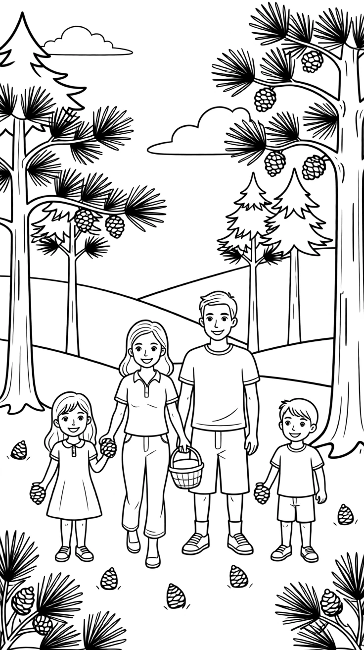 A family taking a nature walk and collecting pinecones