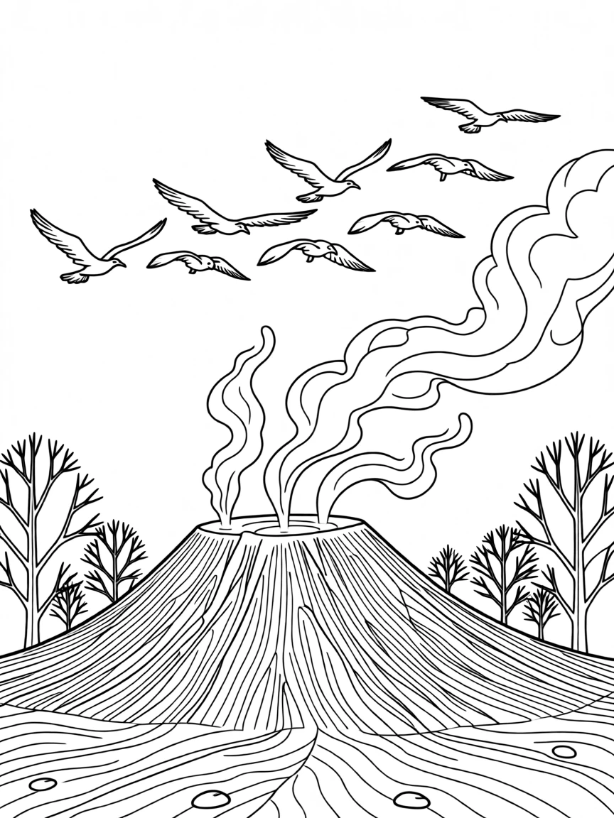 A volcanic landscape with steam rising from vents, with birds circling high above the treetops.