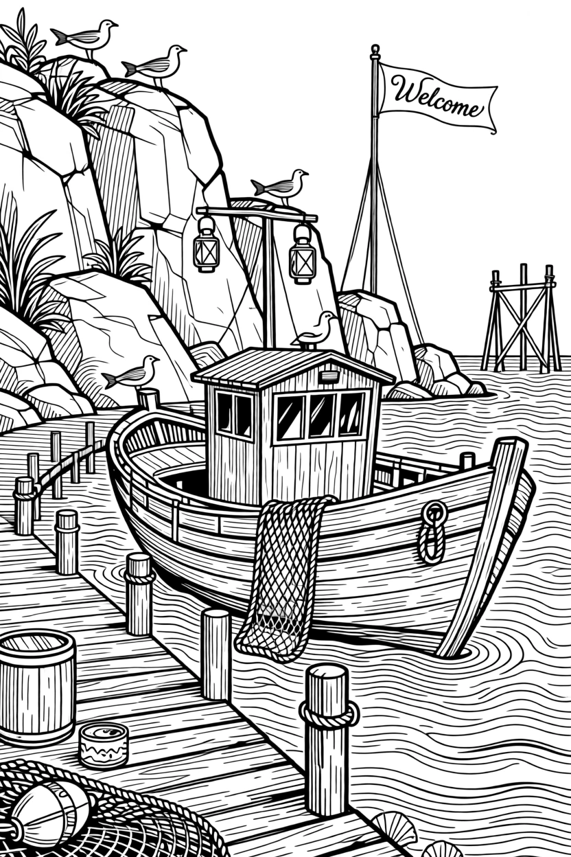 A traditional wooden fishing boat harbor on a rocky coast.