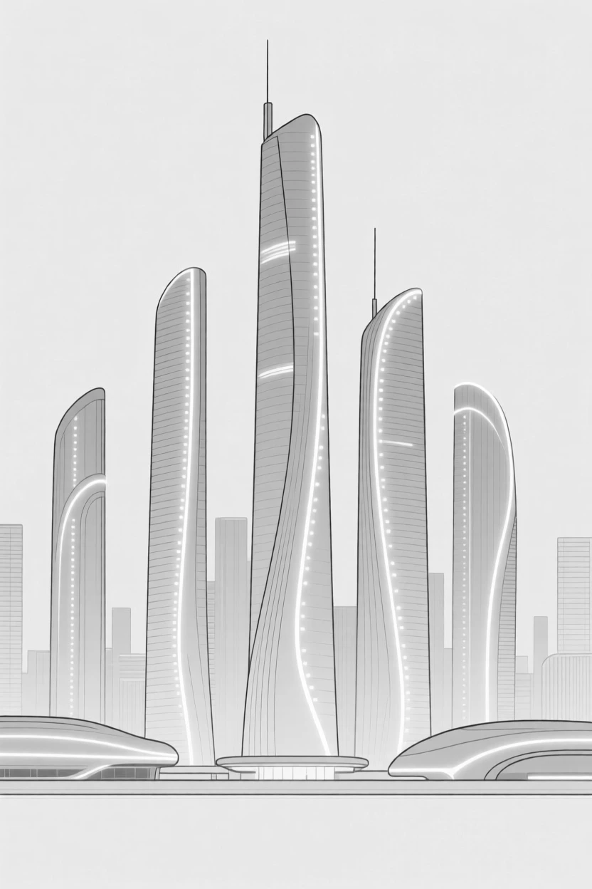 A futuristic city skyline with curved, glowing towers