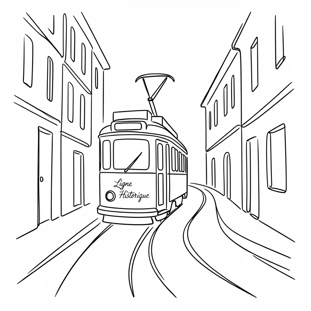 A historic tram winding through a narrow European city street