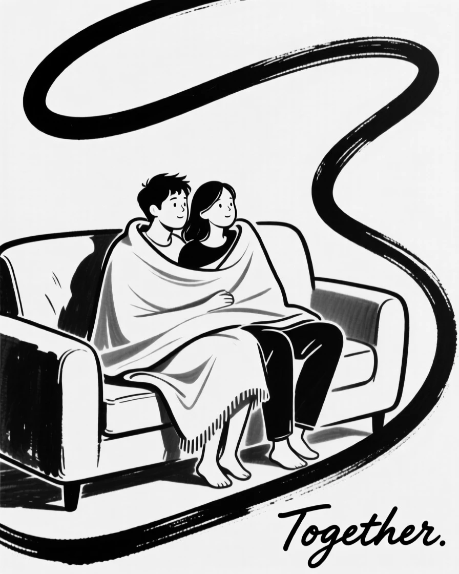 A couple watching a movie together under a blanket on the couch.