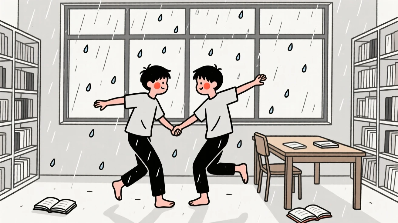 Twin brothers dancing barefoot in the rain, in a quiet library.