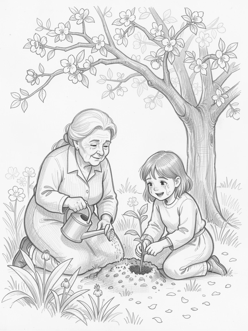 An emotional scene of grandmother and granddaughter tending a garden beneath a blooming apple tree, marked by tears of happiness.