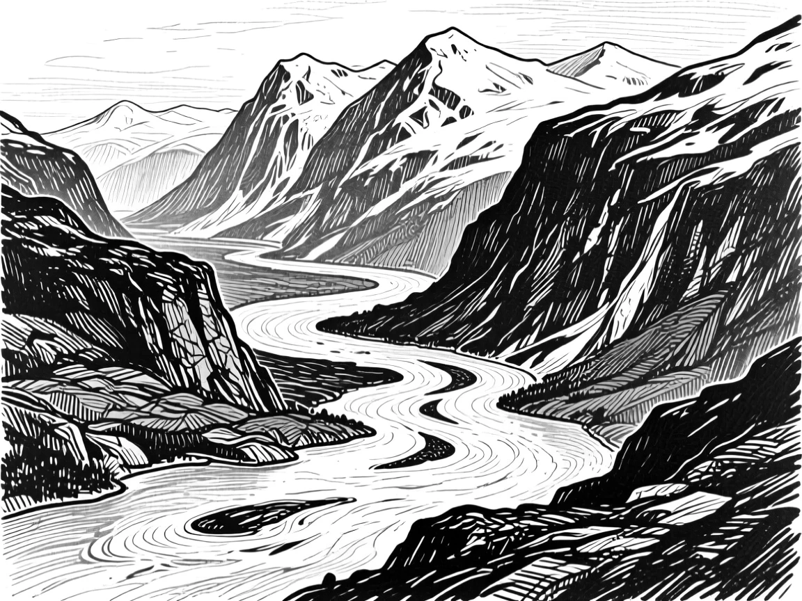 The winding rivers of the Norwegian fjords surrounded by snow-capped peaks.