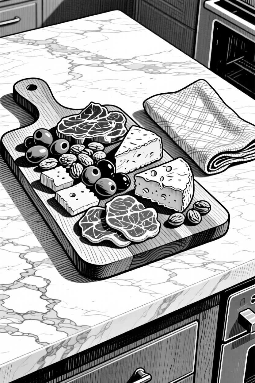 A wooden board of charcuterie arranged on a marble kitchen counter, with a folded linen napkin nearby, presented in a richly appetizing culinary still life.