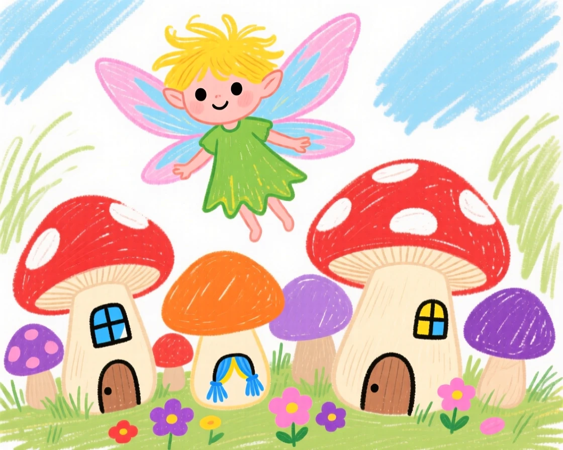 A tiny pixie watching over a village of tiny mushroom houses.