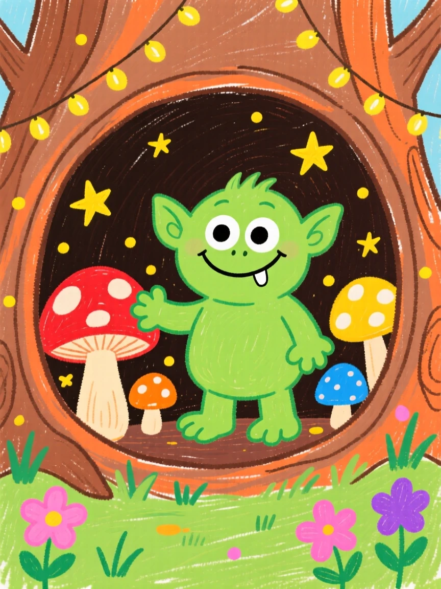 A friendly forest troll tending mushrooms inside a hollow tree filled with twinkling lights.