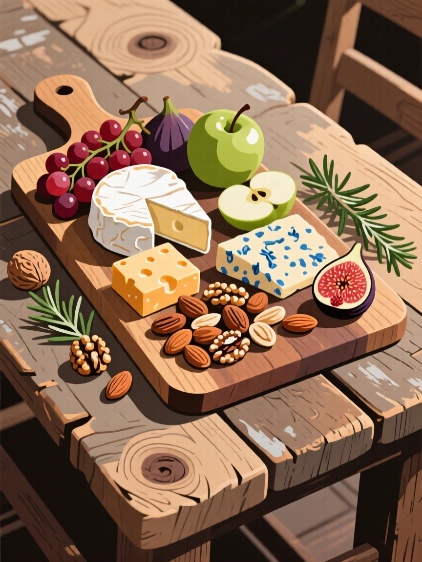 A rustic charcuterie board with cheeses, fruit, and nuts, arranged on a rustic farmhouse table, composed with a rustic, homemade charm, with glossy highlights that make the dish look freshly made.