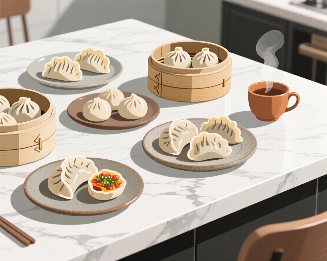 An assortment of dumplings beautifully displayed on a marble countertop at a cozy cafe.