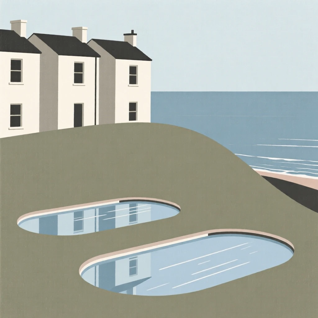 A quiet corner of a row of townhouses within a hilltop overlooking the sea, featuring reflecting pools, full of historic charm.
