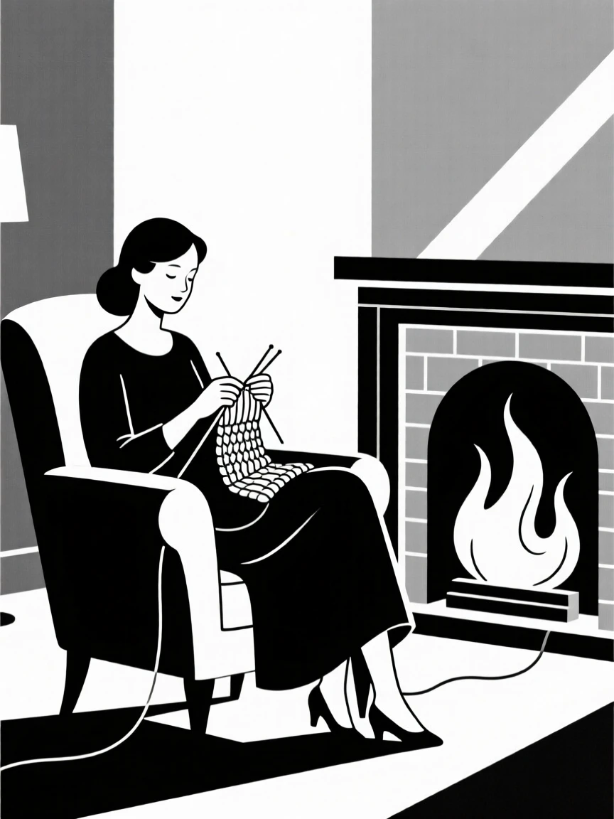 A woman knitting by a warm fireplace.