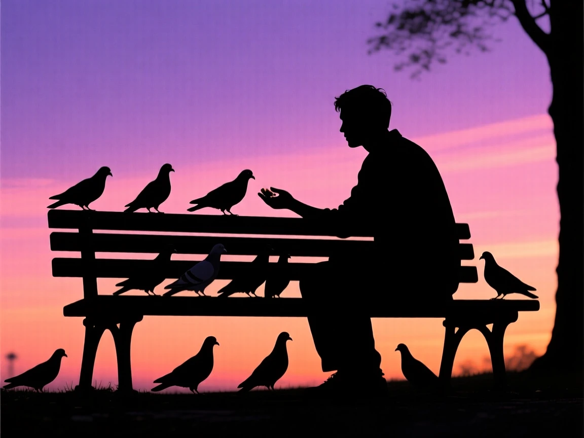 A person feeding pigeons on a quiet park bench.