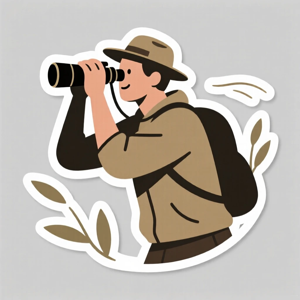 A calm and content birdwatcher peering through binoculars, captured mid-motion during their favorite activity, outdoors surrounded by fresh air.