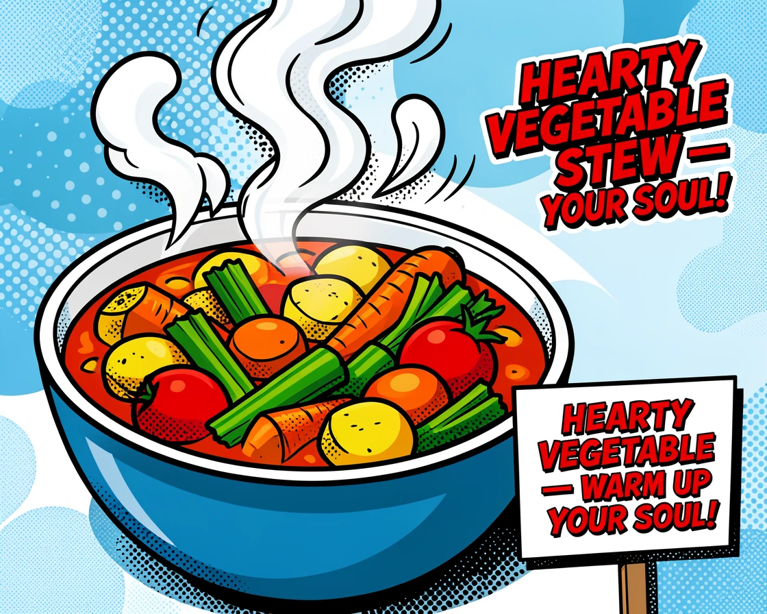 A bowl of hearty vegetable stew steaming on a cold day